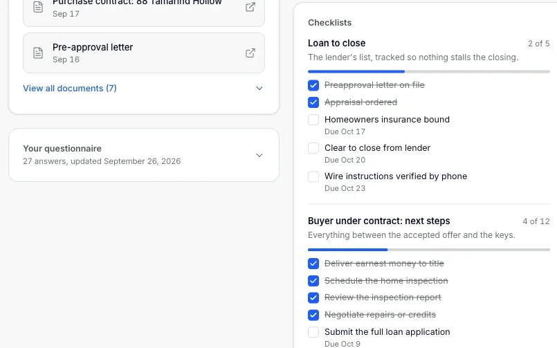 Buyer portal checklists: loan to close and next steps under contract, with dates on every item